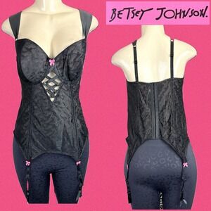 Betsey Johnson Women's XL Black Mesh Corset Bustier with Pink Bows Garter Straps